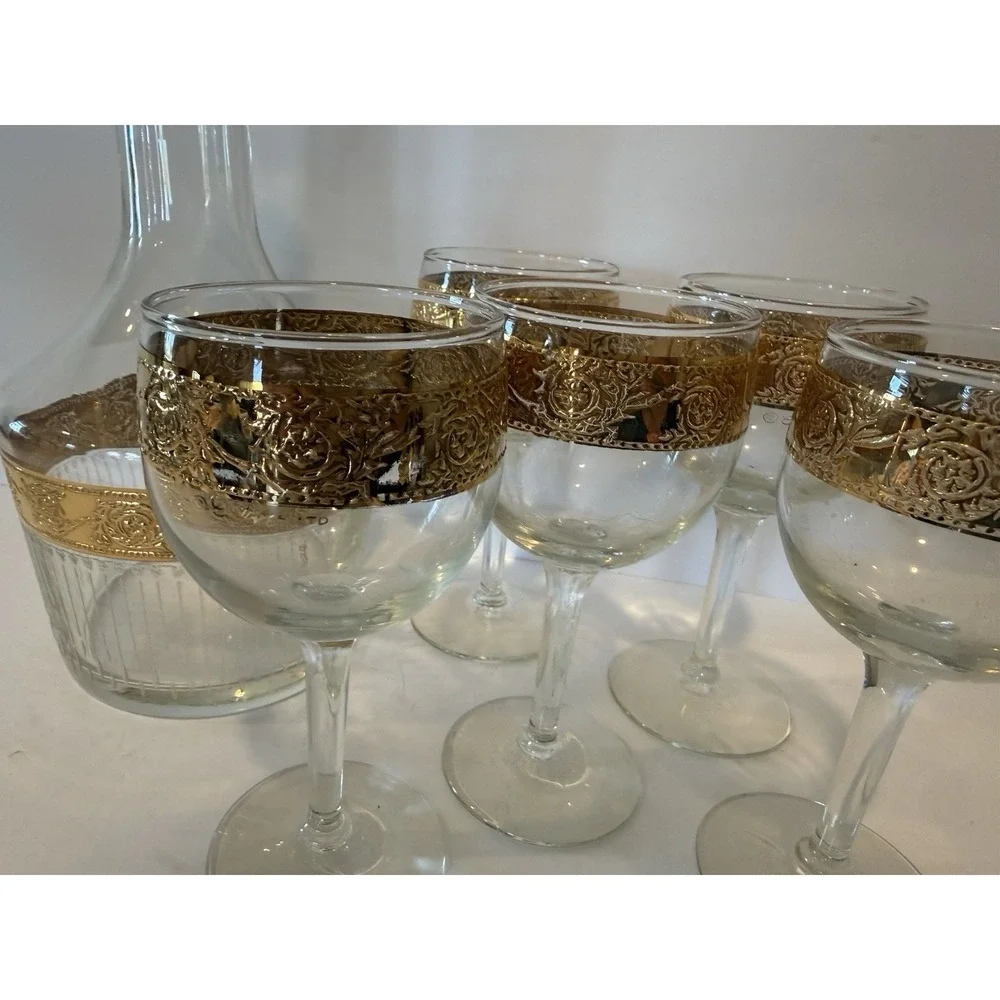 Vintage Culvers Ltd Tyrol 22K Gold Decanter & 5 Wine Glasses Made in USA 1960s